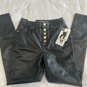 Sleek Black High-Rise Button Leather Jeans